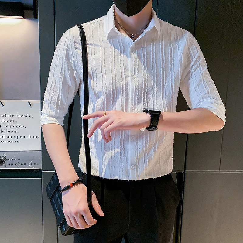 夏季男衬衫七分袖条纹休闲帅气痞帅高级感短袖发型师潮牌男装P58图片