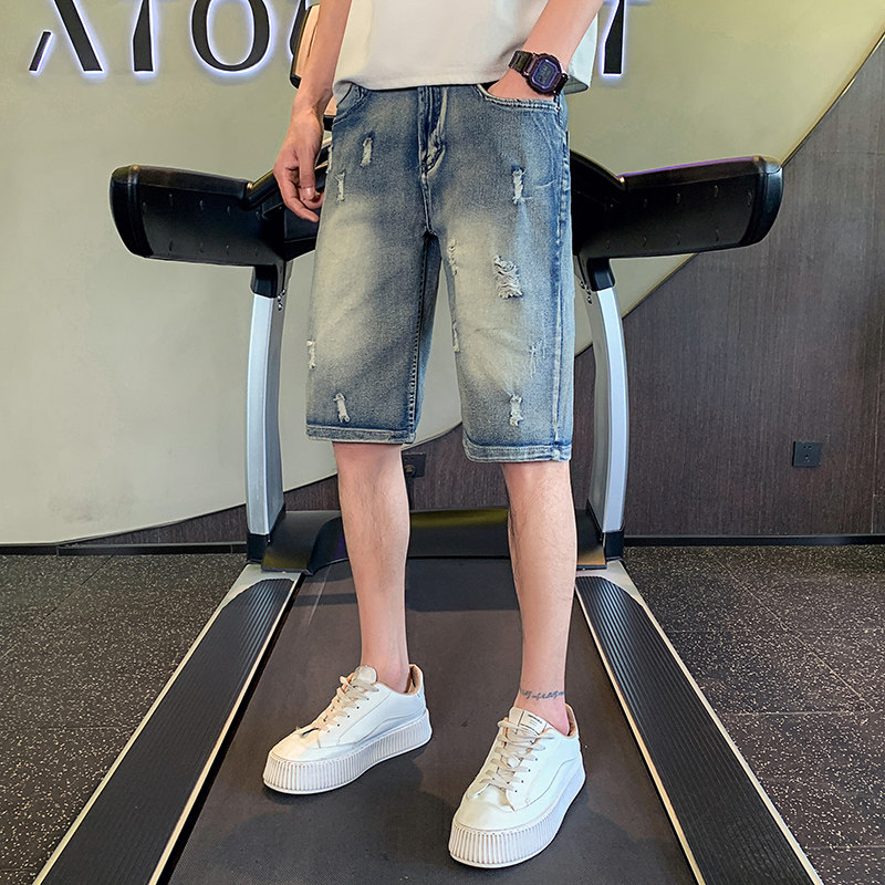 2025夏季夏季男士破洞五分裤直筒牛仔潮流薄款破洞痞帅P50,男装牛仔裤,电商A270