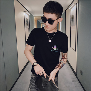 夏季男士短袖T恤韩版修身潮流半截袖时尚个性潮牌痞帅精神小伙p38图片