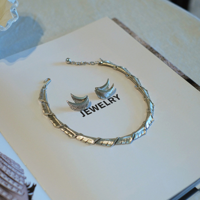 vintage toccata trifari 翠法丽 银色 叶子 项链 耳夹 套装