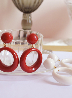 艺伎的胭脂 vintage kjl 白色 红色 时髦 耳环 耳针