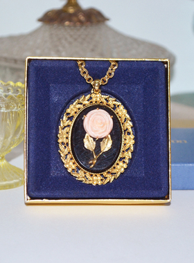 艺伎的胭脂 vintage Avon 雅芳1973年花卉 黑 粉色 双面 镜子项链