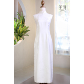 茧玥新款 白色竹叶真丝正绢手工订珠珠边修身 显瘦手工订制长旗袍