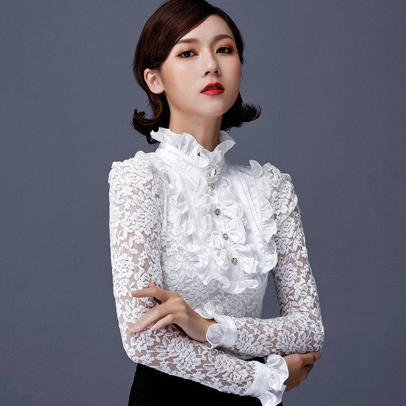 高档蕾丝小衫洋气时尚秋冬2020百搭女士白色上衣衬衫镂空打底衫