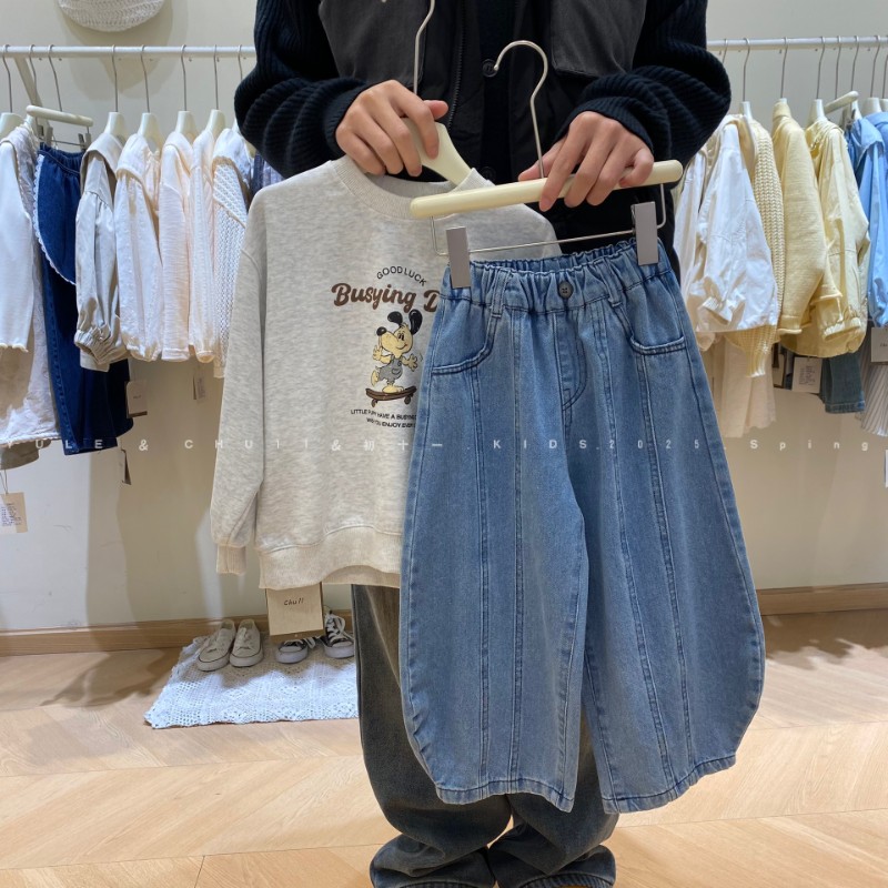 初十一童装复古儿童牛仔拼接灯笼裤2025春装宽松牛仔裤自留推荐