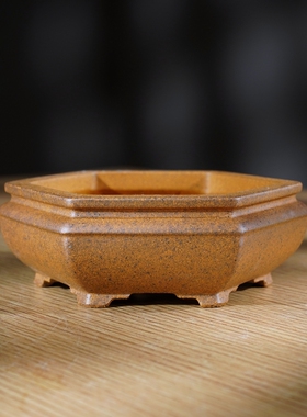 高档精品名家唯珍高温段泥柴烧微型把玩收藏小号六方紫砂盆景花盆