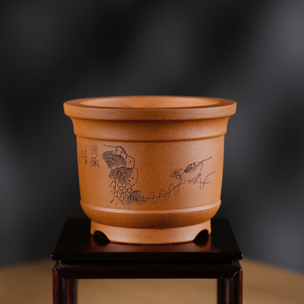 特价新款唯珍微型小号迷你精细刻绘桌面摆件高档精品高圆紫砂花盆