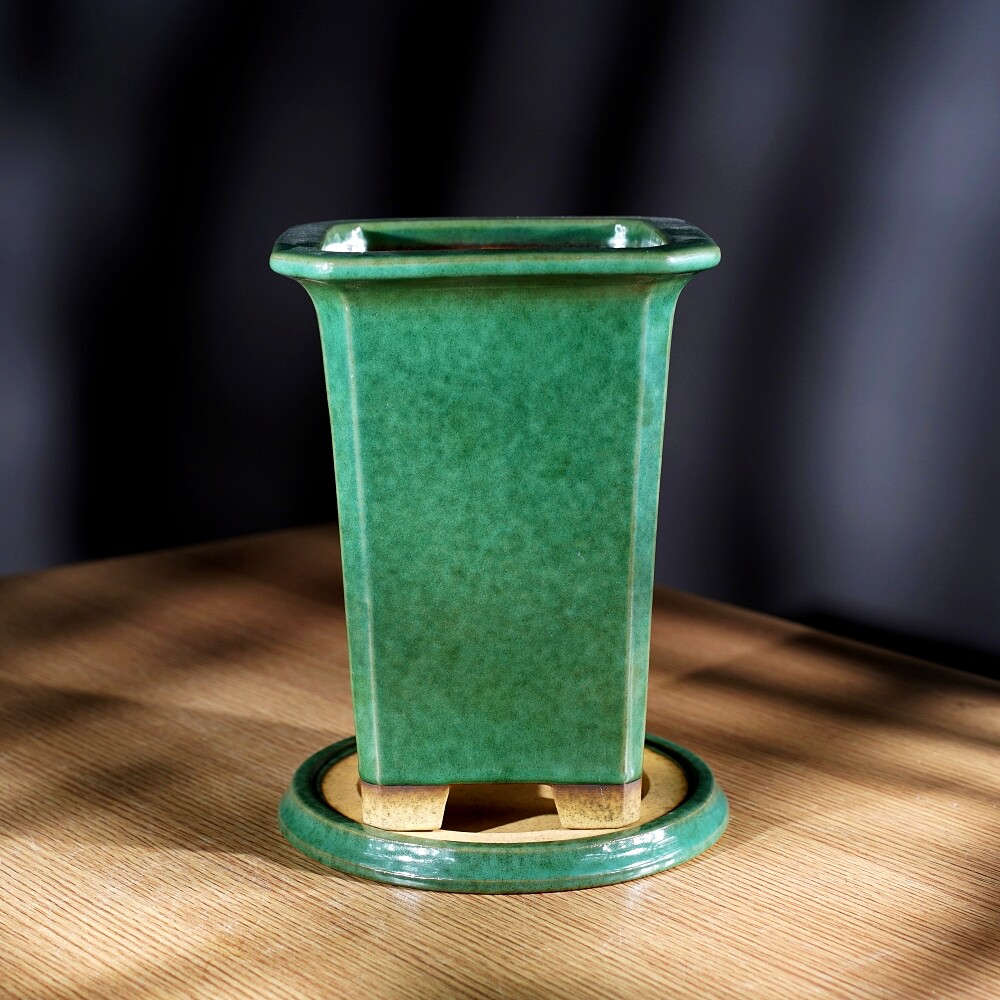 新款高档精品名家秦夕洪切面四方款宽口高签筒绿釉兰花盆景紫砂盆