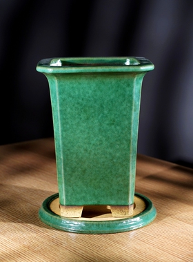 新款高档精品名家秦夕洪切面四方款宽口高签筒绿釉兰花盆景紫砂盆