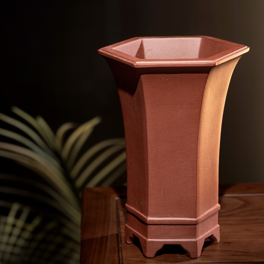 新款高档宜兴原矿精品六方飘口兰花盆李记高档紫砂盆名家制兰花盆