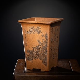 高档段泥柴烧名家唯珍精品四方宽口兰花盆李记高档紫砂花盆