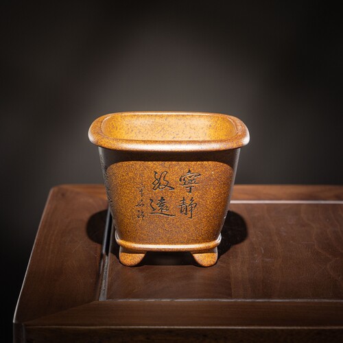 新款宜兴原矿高温段泥柴烧高档刻绘名家把玩唯珍微型紫砂盆景花盆
