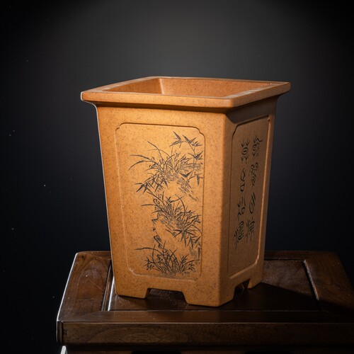 高档段泥柴烧名家唯珍精品四方兰花盆李记高档紫砂花盆