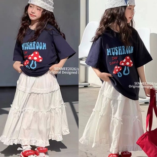 现货波拉韩国童装女童短袖T恤2026春夏新款儿童上衣白色长裙套装