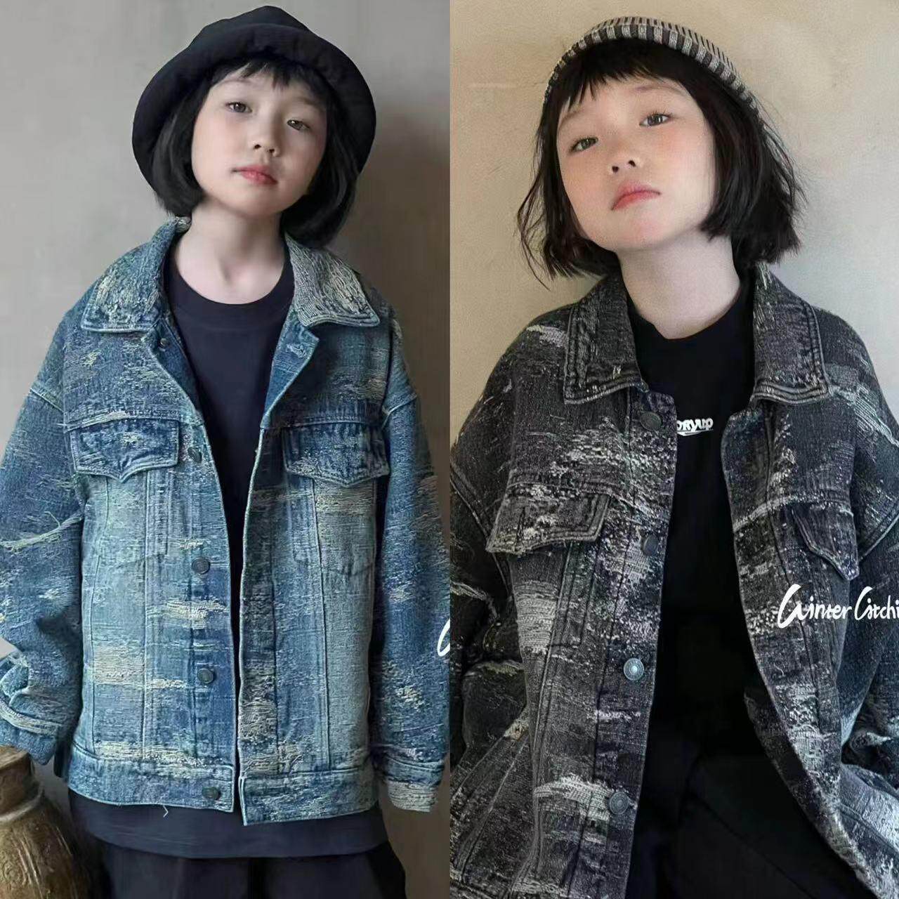 波拉韩国童装男女童牛仔夹克衫春秋季新款韩版儿童扎染翻领外套潮