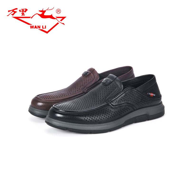 万里新款男士休闲鞋舒适真皮单鞋百搭圆头套脚凉鞋BHT3133