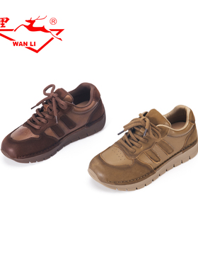 万里新款圆头休闲运动鞋舒适平底系带单鞋真皮复古女鞋BKT2992