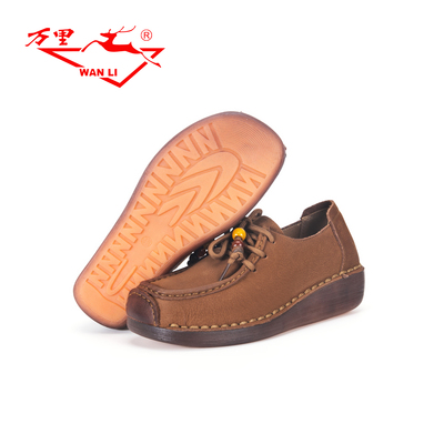 万里新款复古坡跟休闲鞋舒适软底单鞋时尚系带低帮女鞋BYT2367