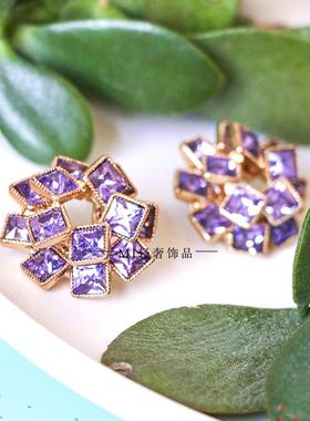 复古宫廷风紫色花朵中古风立体锆石大耳钉夸张个性秋冬珐琅耳饰