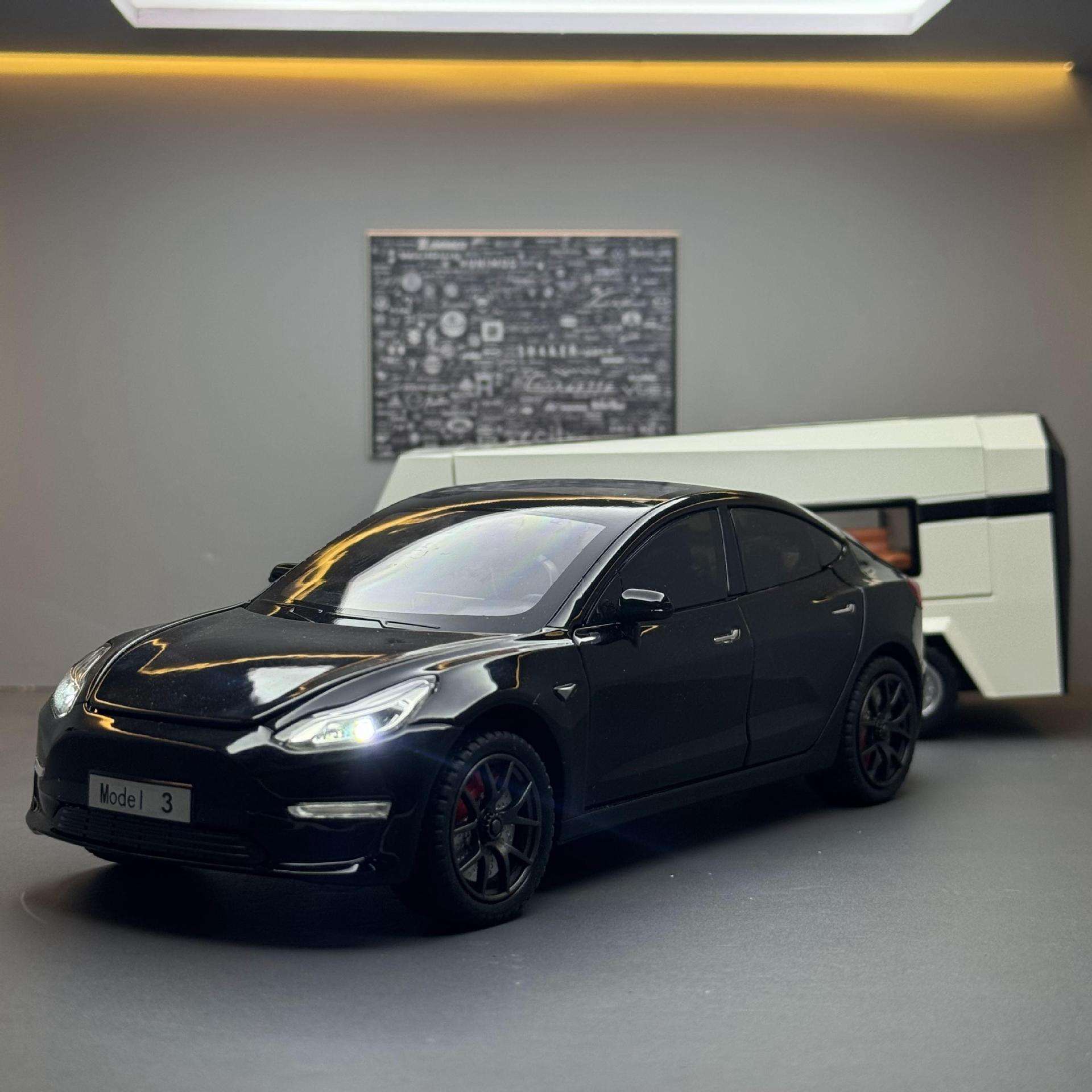 新款车致合金车模1:24特斯拉Model3拖挂房车玩具汽车音效模型摆件