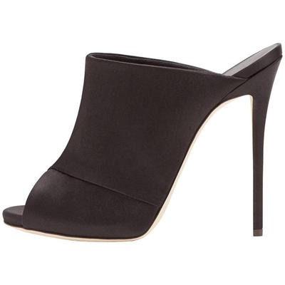 欧美女士超高跟黑色沙丁布凉鞋拖鞋穆勒鞋成都时装女鞋厂家直供