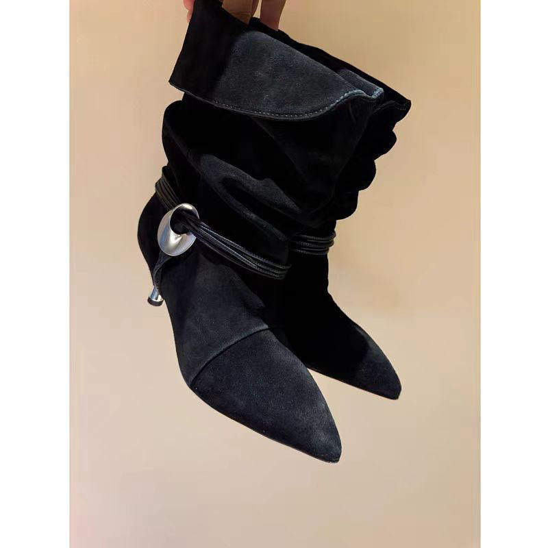 新款2025外贸磨砂反绒尖头细跟低跟绑带金属扣猫跟西部靴短靴女鞋,女鞋,时装靴,淘宝优惠券,粉丝福利购,淘宝优惠卷