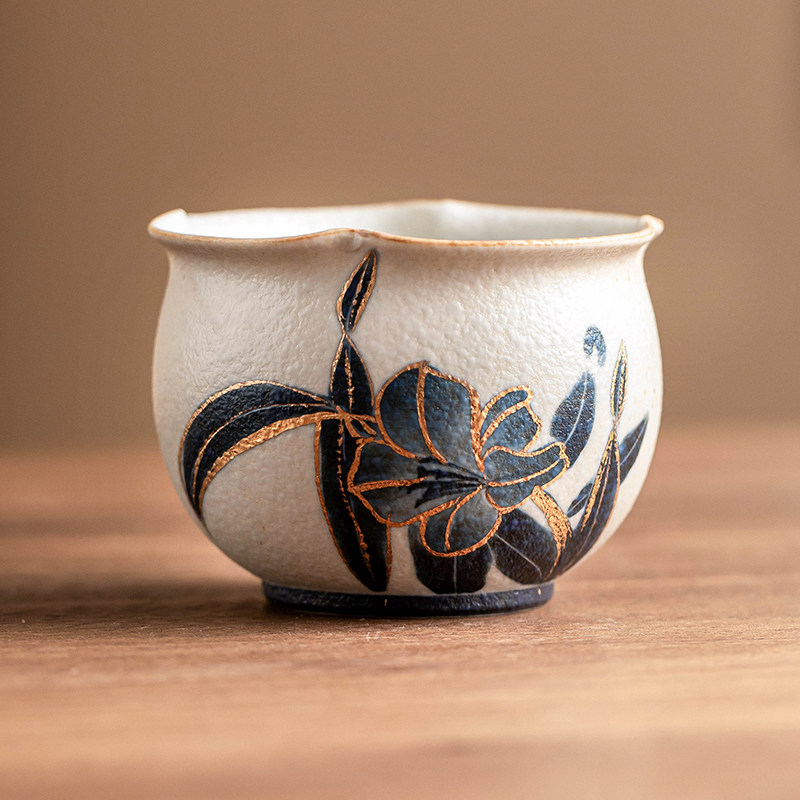 极素青花火石红陶瓷茶杯主人杯描金手绘百合花蕾杯茶盏功夫品茗杯