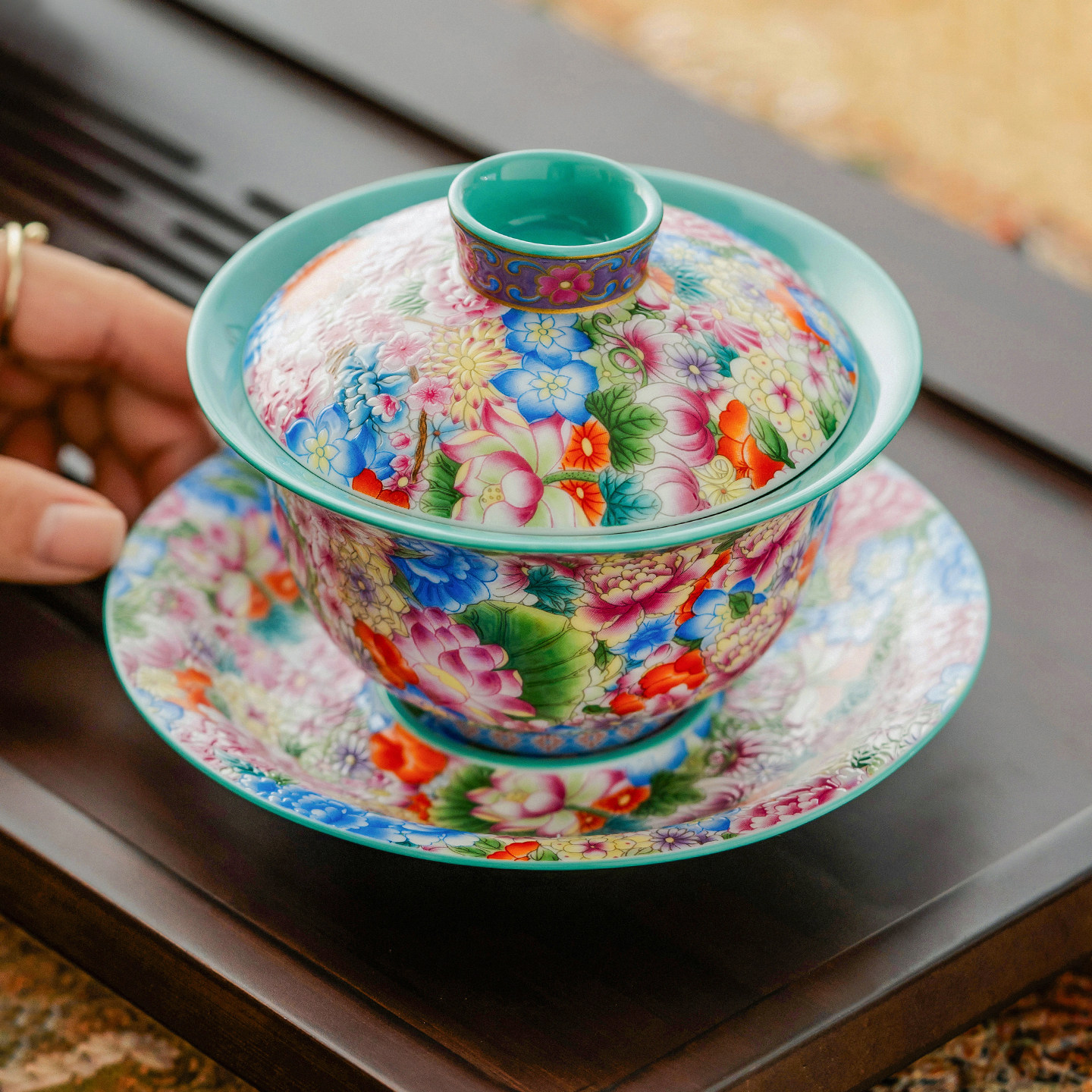 极素珐瑯彩芳华满庭三才盖碗茶杯陶瓷茶碗带盖子高档轻奢茶具不烫