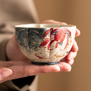 极素青花火石红陶瓷主人杯描金手绘荷韵锦鲤花瓣杯大号茶杯品茗杯