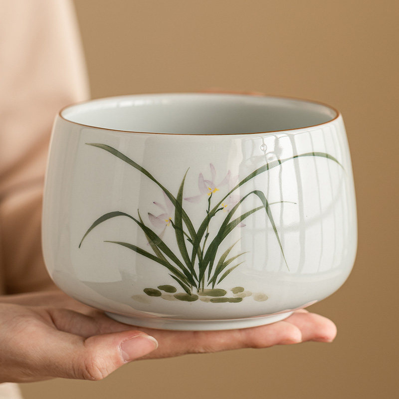 极素纯手绘兰花建水茶洗大号特大水盂茶盂陶瓷茶具配件桌面茶渣缸