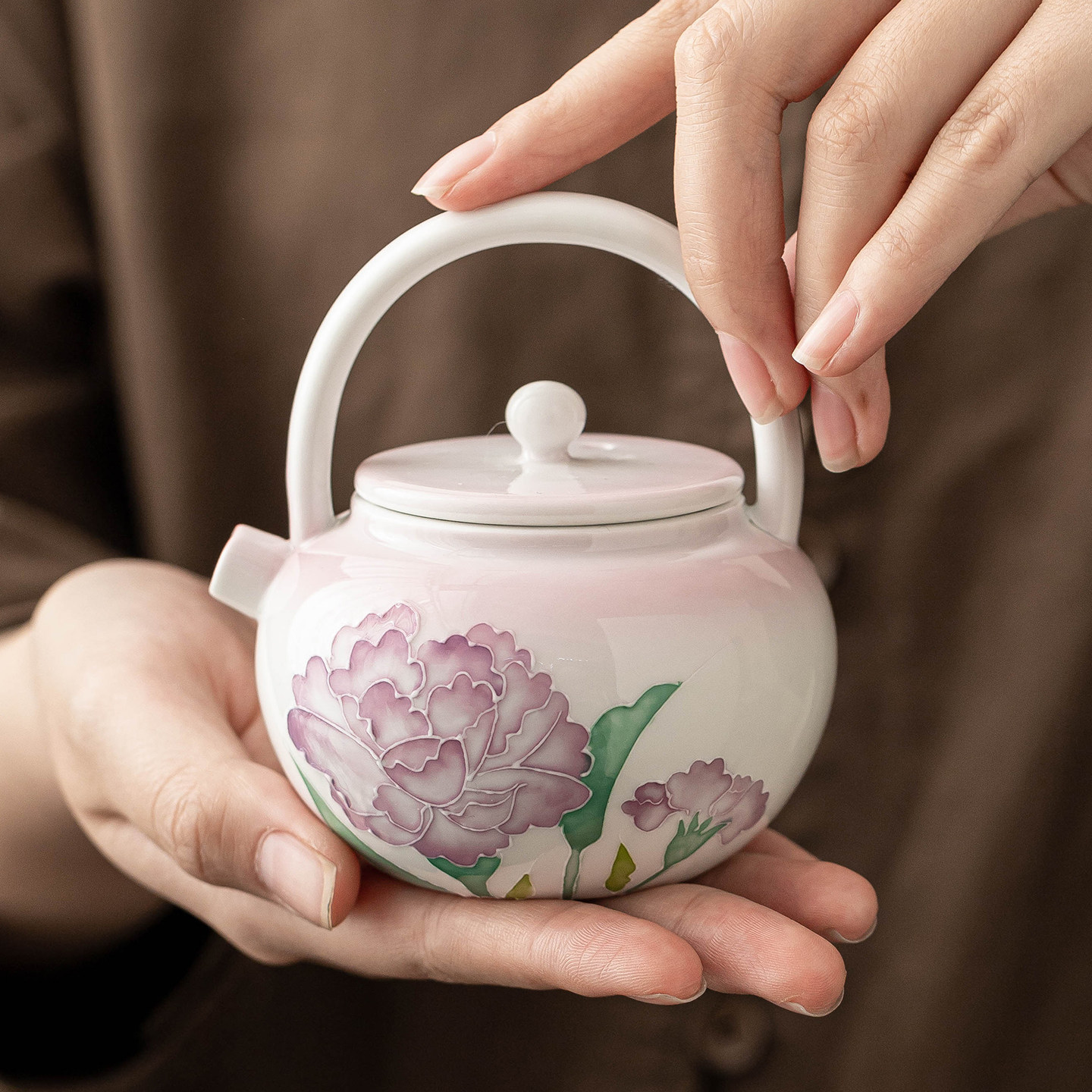 极素堆雕康乃馨提梁壶高档精致陶瓷茶壶泡茶家用茶水分离过滤单壶