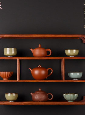 非洲黄花梨实木挂墙博古架紫砂茶壶展示架茶杯架仿古多宝阁收纳架