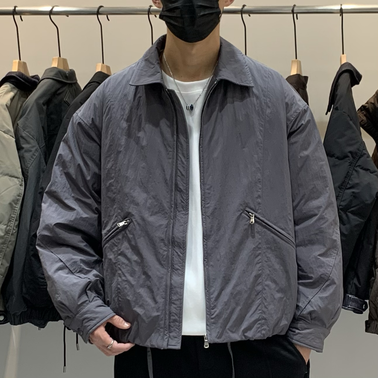 冬季新款美式潮牌简约衬衫式翻领羽绒服男时尚宽松保暖白鸭绒外套