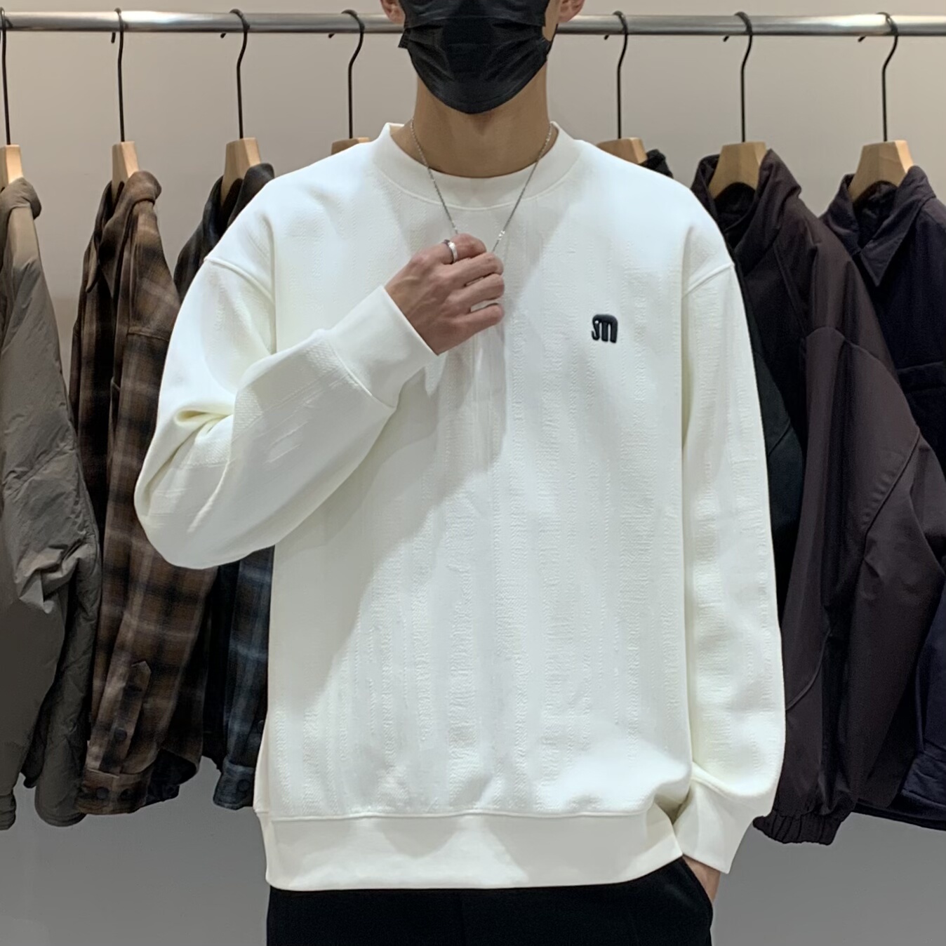 冬季男士圆领加绒加厚卫衣百搭潮流日系简约刺绣高级感保暖打底衫