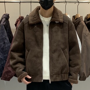 复古机车加厚保暖棉衣 男翻领颗粒绒皮毛一体百搭潮流美式 冬季 韩版