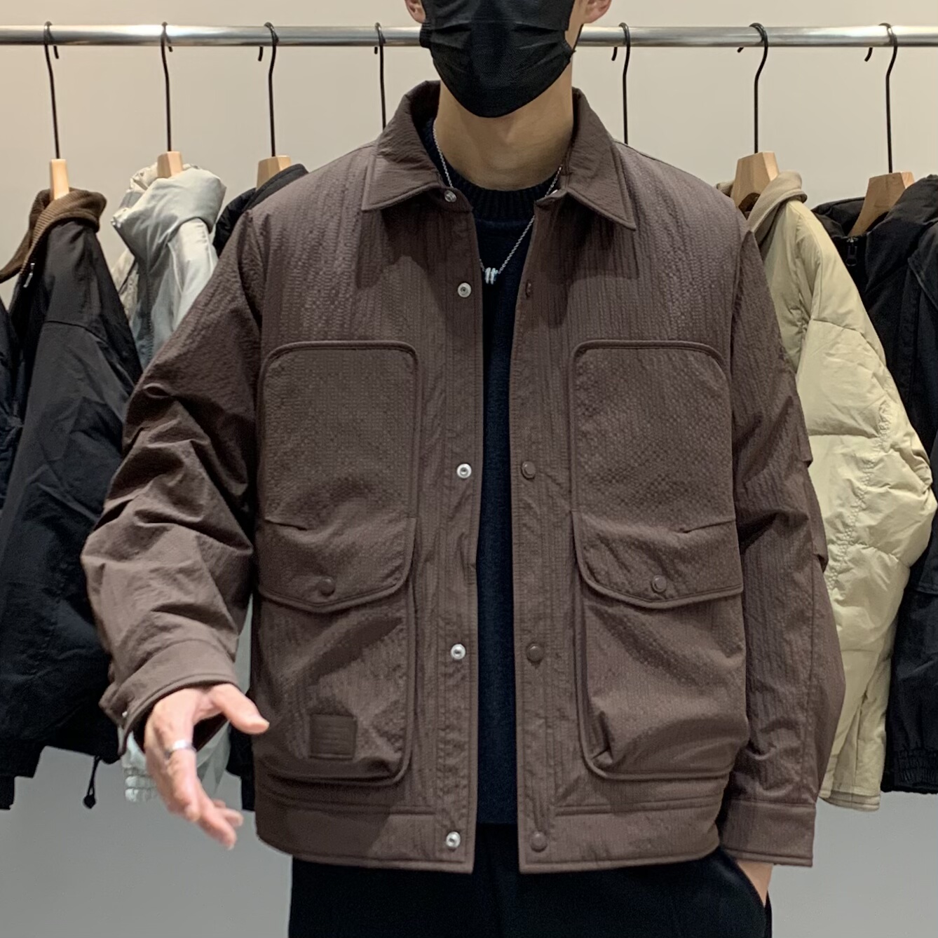 冬季韩版男保暖翻领羽绒服百搭潮流日系工装时尚纯色休闲羽绒衣