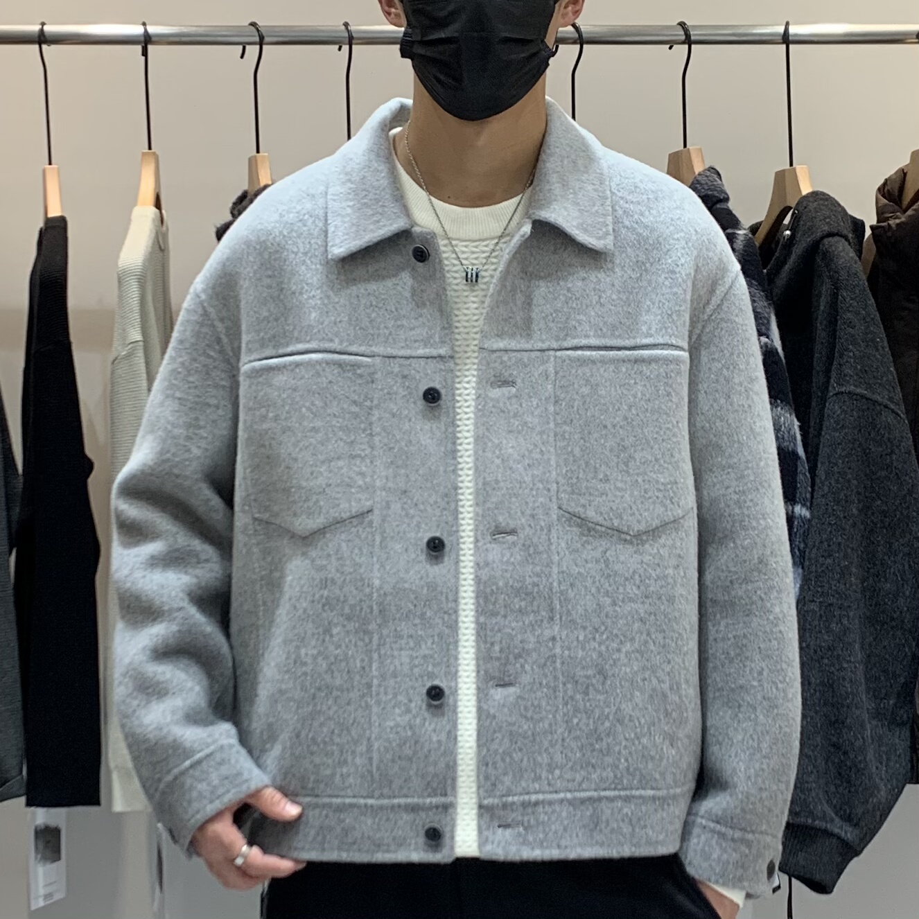 一公元-秋冬男士翻领双面羊毛大衣百搭潮流时尚设计感渐变色外套