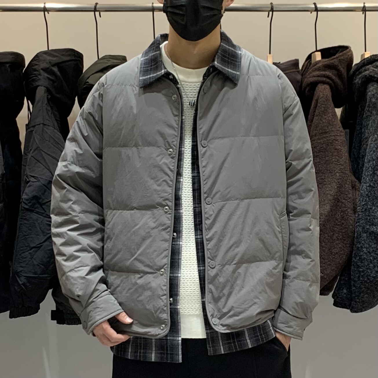 冬季男士假两件翻领羽绒服百搭潮流日系时尚格子设计感保暖羽绒衣