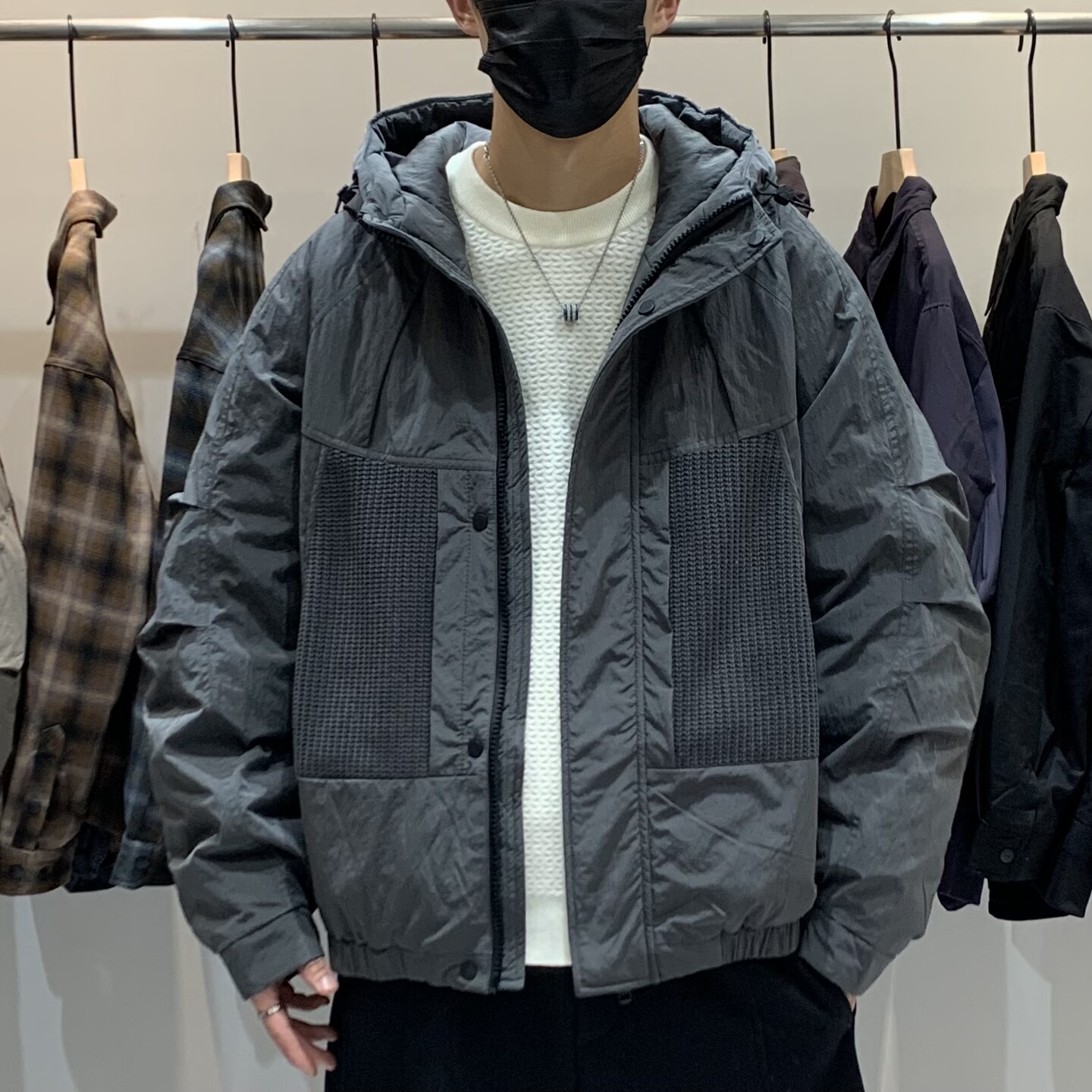 冬季韩版男士连帽羽绒服百搭潮流日系工装时尚拼接撞色保暖羽绒衣