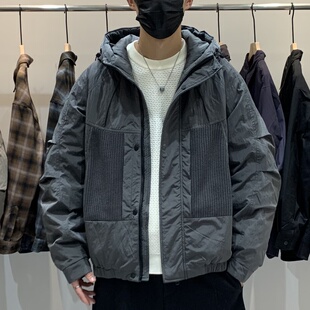 冬季韩版男士连帽羽绒服百搭潮流日系工装时尚拼接撞色保暖羽绒衣