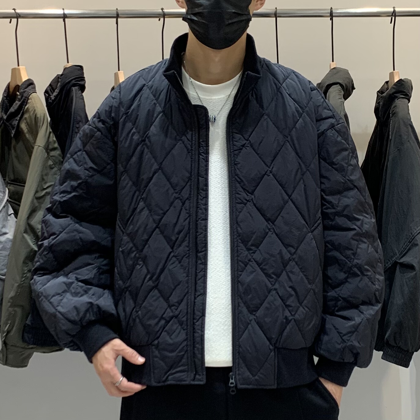 冬季新款男立领菱形格羽绒服百搭潮流日系工装时尚痞帅保暖羽绒衣