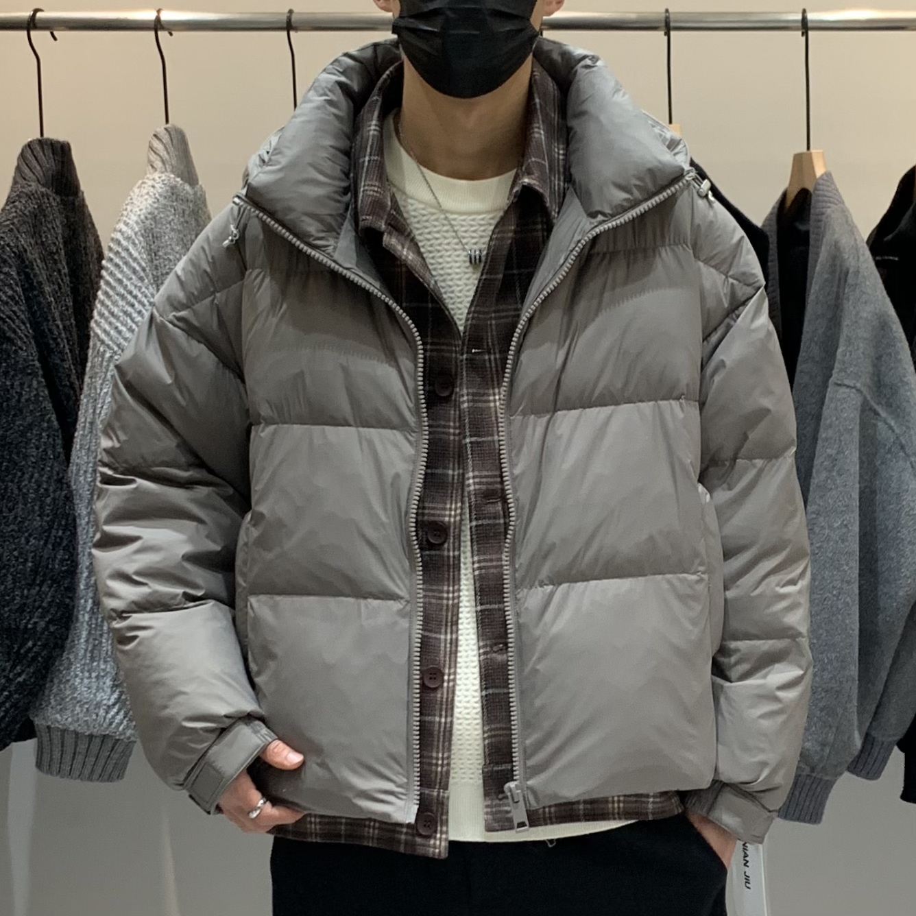 冬季男士假两件双层领羽绒服百搭潮流美式时尚格纹拼接休闲羽绒衣