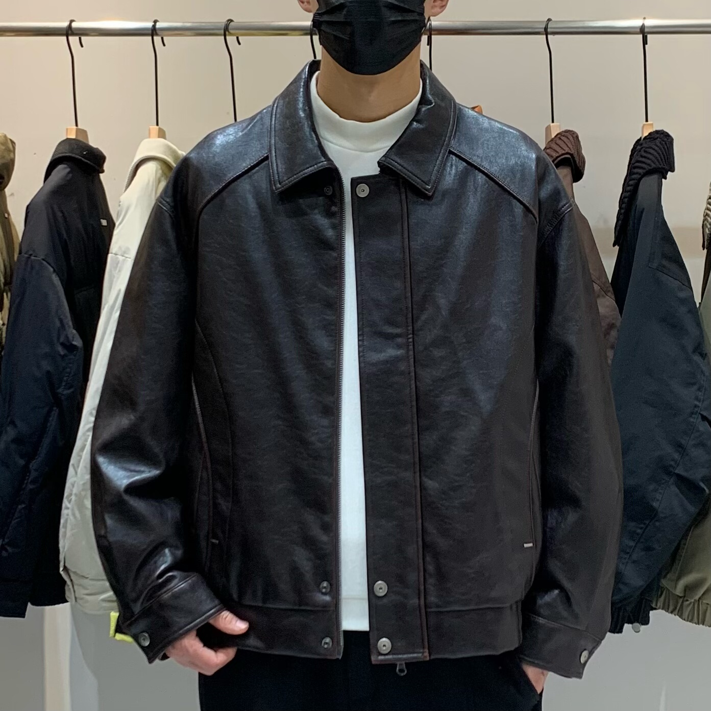 冬季韩版男翻领PU皮羽绒服百搭潮流时尚美式复古痞帅机车皮羽绒衣