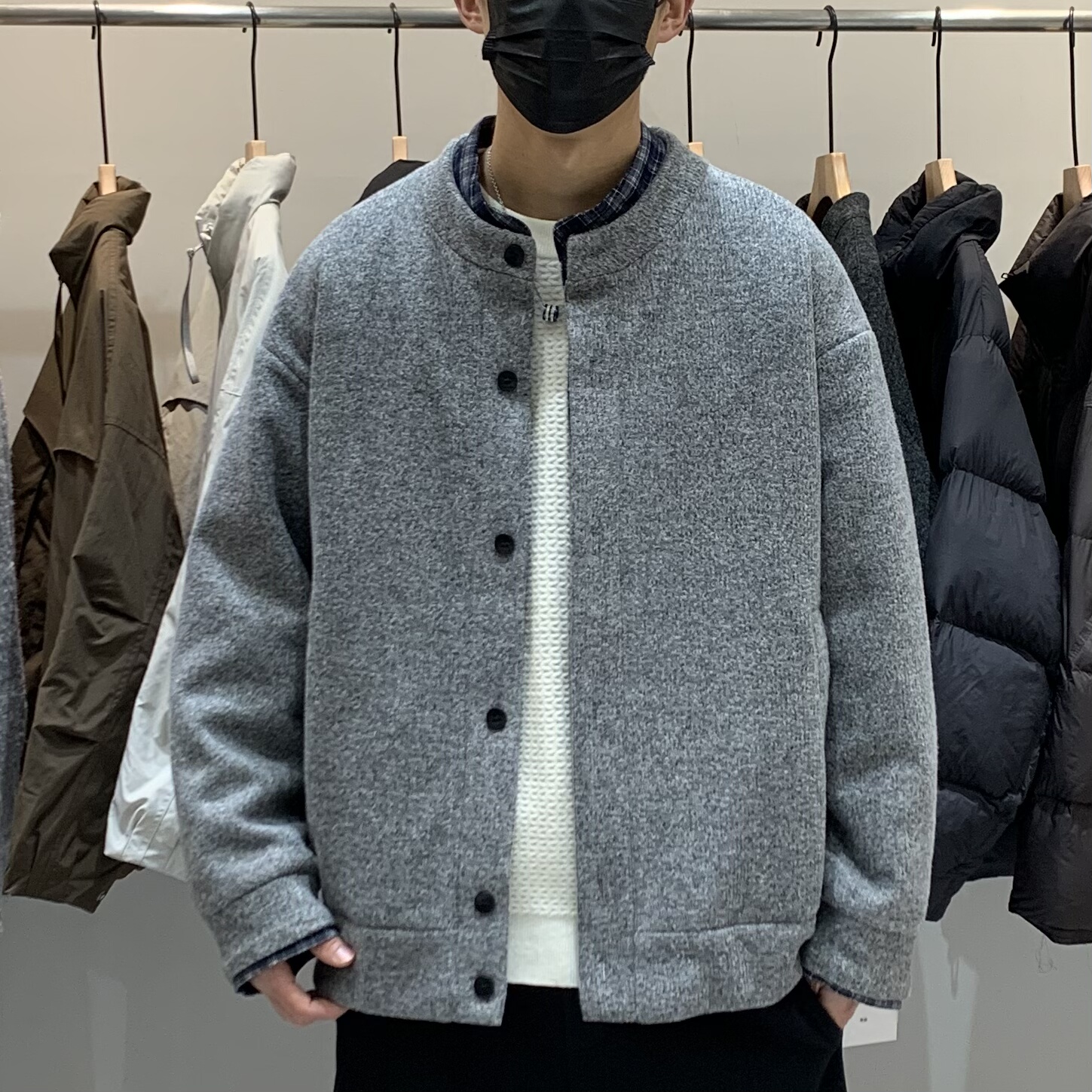 冬季男士假两件立领羽绒服百搭潮流日系拼接格子设计感保暖羽绒衣