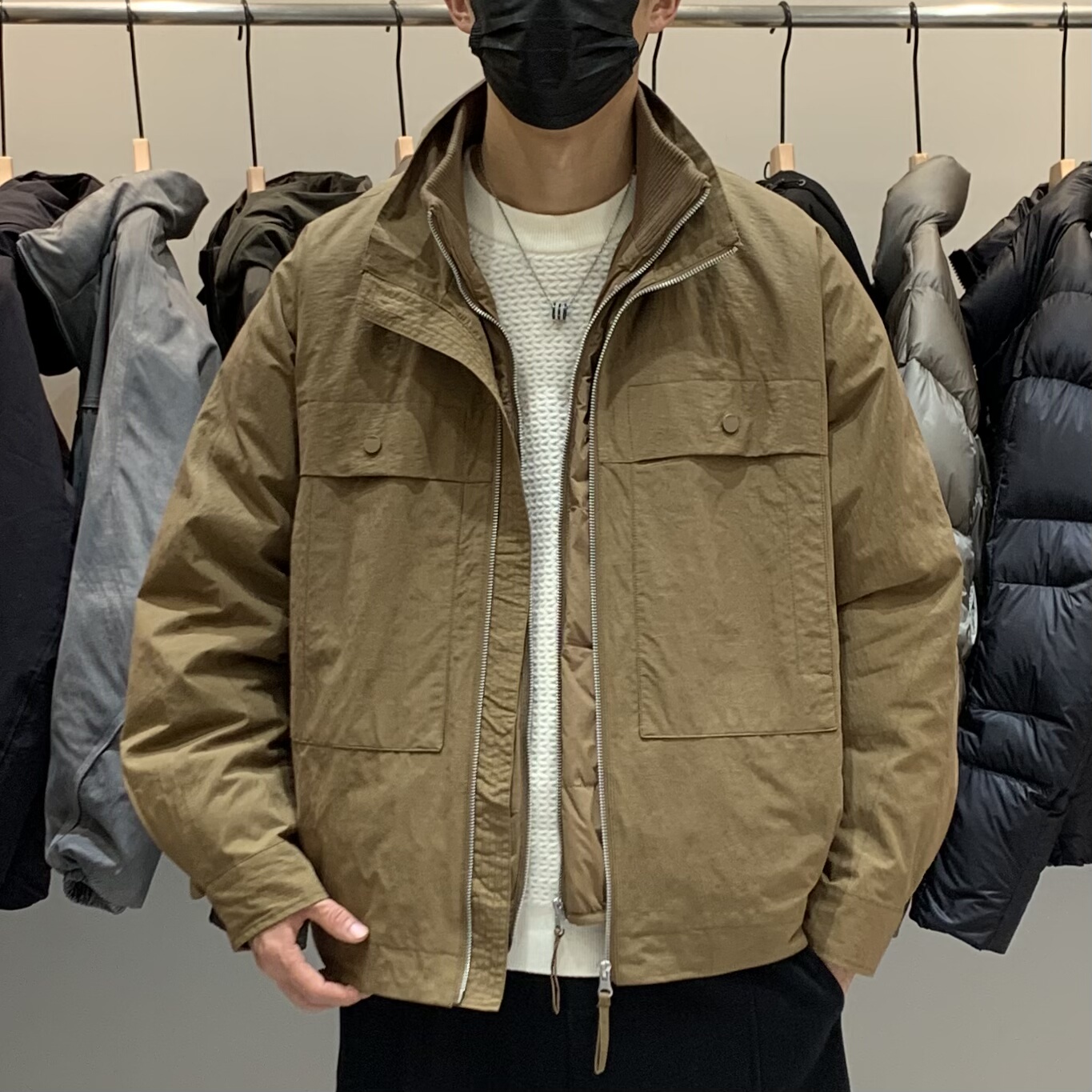 冬季男士真两件立领羽绒服百搭潮流日系工装时尚设计感保暖羽绒衣