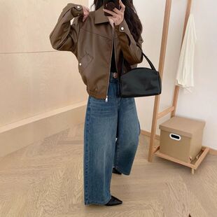 皮衣机车棕色 夹克上衣女秋早秋pu美式 短款 小个子复古外套新款