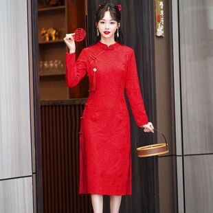 春秋季 女国风复古连衣裙 旗袍新娘改良敬酒服红色结婚气质订婚长袖