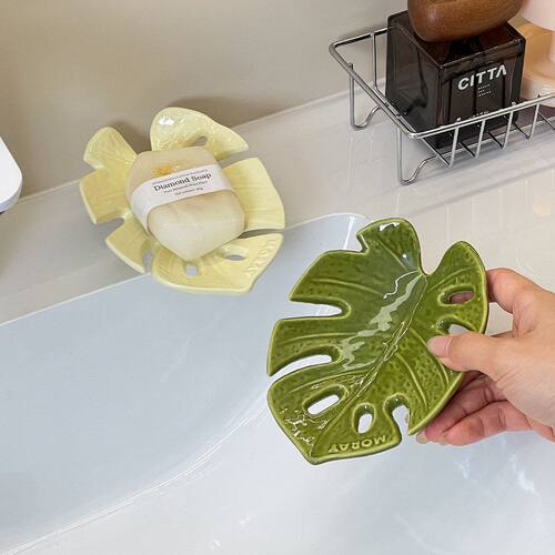 龟背竹树叶陶瓷浴室沥水肥皂架