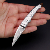 手工锻打花纹钢刀胚户外随身迷你锋利小刀防身折叠刀大马士革钢刀