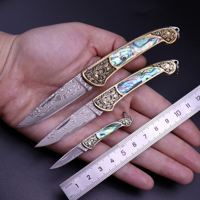 大马士革高硬度钢刀贝壳迷你小刀户外防身刀水果刀黄铜锋利折叠刀